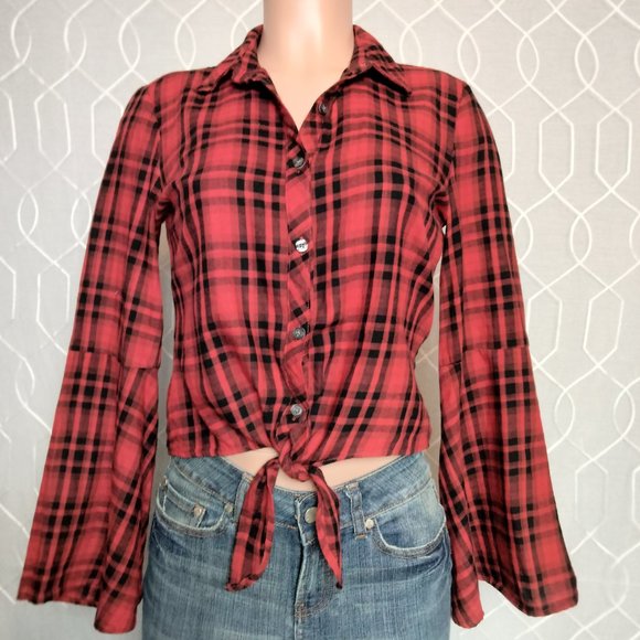 Altar’d State Red & Black Checks large Bell Sleeves Button up Tie Front Shirt M - Picture 2 of 9